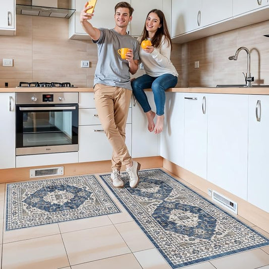 Kitchen Sink Rugs Set 0f 2: Washable Non-Slip Hardwood Floor Mat for Stove Dishwasher Fronts Soft Stain Resistant Carpet for Cooking Area & Fridge Boho Home Decor for High Traffic Area(2x3+2x4,Blue)