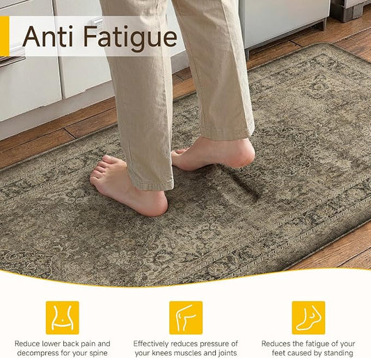 Vintage Kitchen Mats for Floor Anti Fatigue Waterproof Kitchen Rug Brown Cushioned Non-Slip Kitchen Mats Comfort Standing Mat for Sink Laundry Office 17.3"×59"