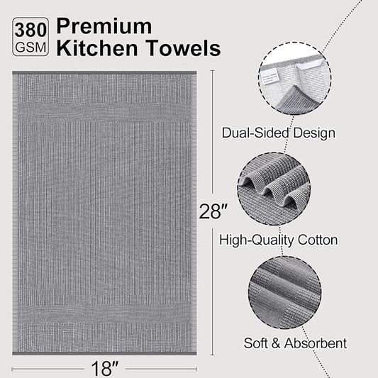 Mordimy Premium Kitchen Towels 12 Pack (18 x 28 Inches, Grey/Khaki/Black), Large Cotton Flat & Terry Kitchen Hand Towel, Super Absorbent Tea Dishtowels Set with Hanging Loop