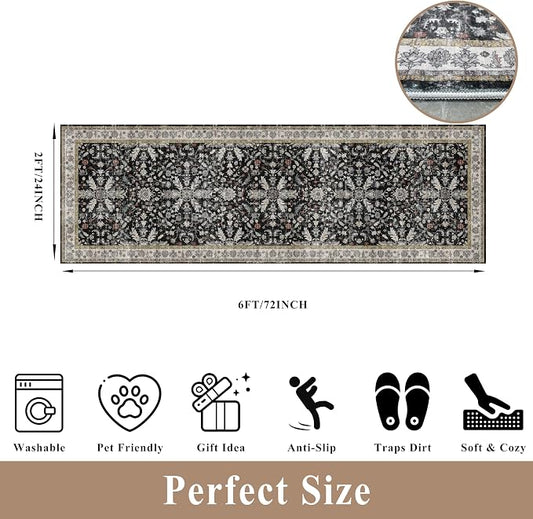 2x6 Washable Kitchen Runner Rug – Non-Slip Boho Vintage Carpet Runner for Hallway, Entryway, Bedroom & Bathroom – Soft Low-Pile Thin Area Rug with Rubber Backing (Black,2x6)