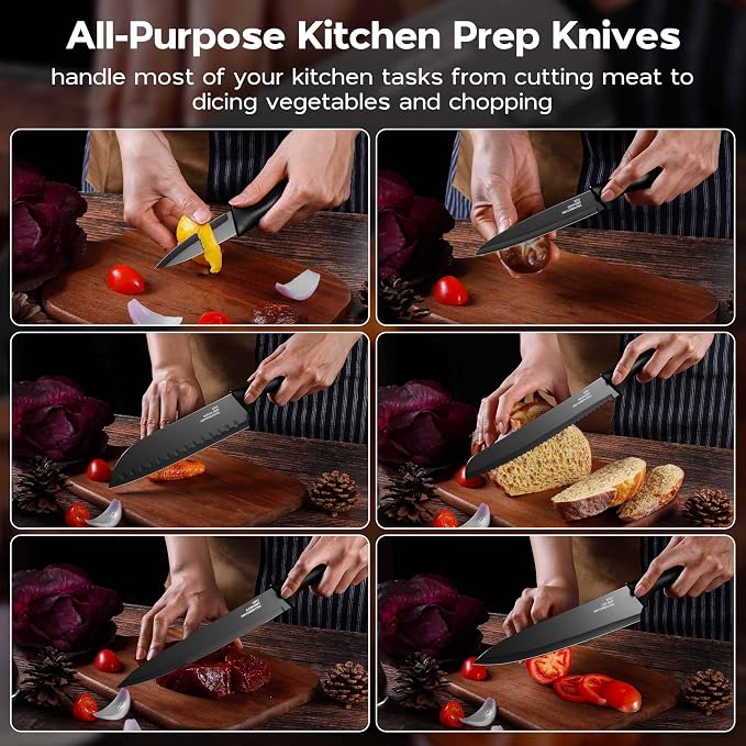 Onader Black Kitchen Knife Set, Stainless Steel Sharp Small Knives Set with Covers for Kitchen, 12 Pieces