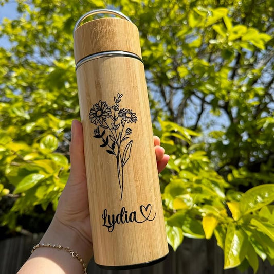 Bamboo Tumbler Customized Name Birth Month Flower Tea Infuser Bottle for Loose Tea Leaves Gift for Mom Personalized (Style D)
