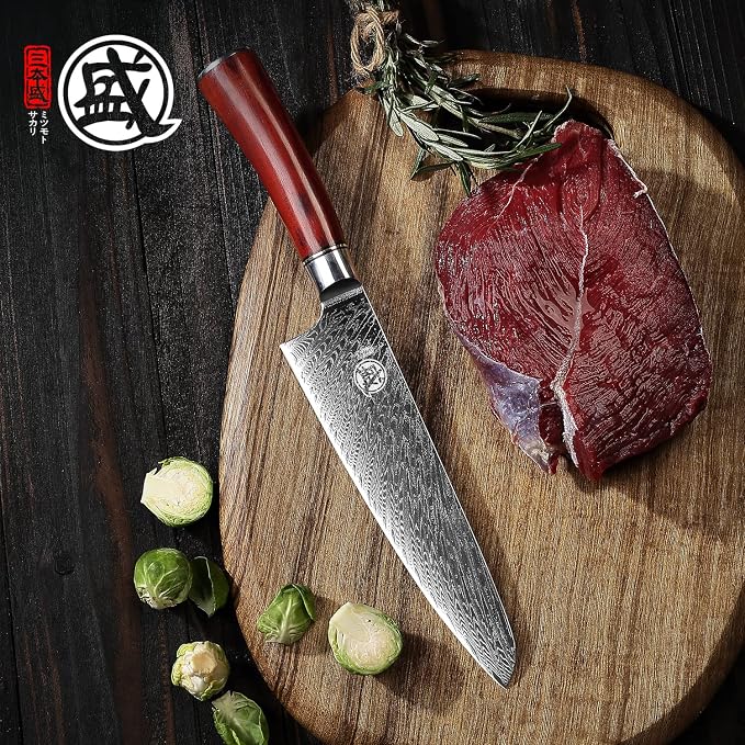 MITSUMOTO SAKARI 7.5-Inch Japanese Santoku Knife, VG-10 Damascus Steel | Wide Santoku blade for slicing, dicing and mincing, 67-layer VG-10 Damascus steel for daily kitchen prep