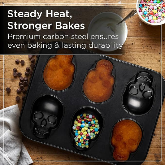 Wrenbury Large Skull Baking Pan - 6 Cup Metal Muffin Tin for Pizza Cupcakes | Durable Non Stick Skeleton Mold for Halloween and Year-Round Baking