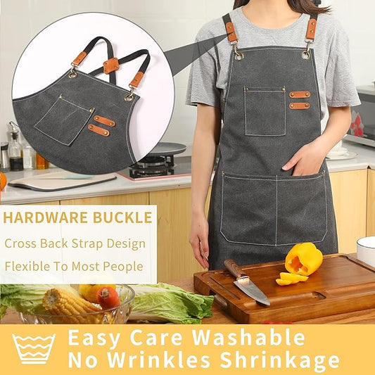 Tosewever Canvas Cross Back Chef Cotton Aprons for Men Women with Large Pockets