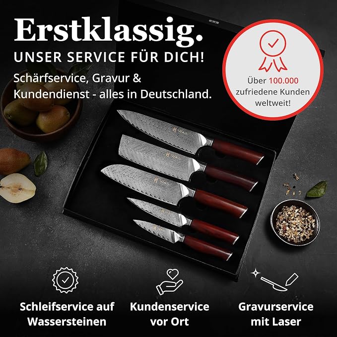 Wakoli Rose Elegance 5-Piece Damascus Knife Block Set, VG10 Core 67-Layer Damascus Steel Kitchen Knives with Magnetic Acacia Wood Block, Ergonomic Rosewood Handles, Gift Box, Hand Wash Only