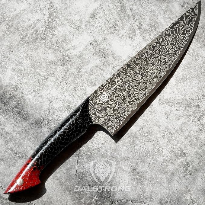 Dalstrong Chef Knife - 9.5 inch Blade - AUS-12V Exclusive Japanese Steel - Black Damascus Full Tang - Honeycomb Handle - Chef's Knife - Scorpion Series - Razor Sharp Kitchen - Leather Sheath