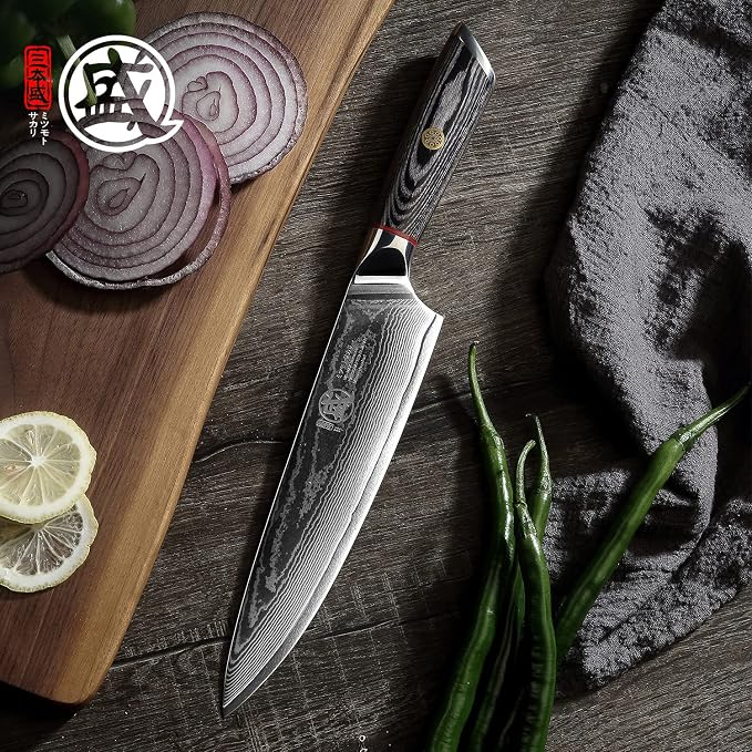MITSUMOTO SAKARI 8 Inch Japanese Chef Knife, AUS-10 Japanese Gyuto High Carbon Steel Core Gyuto Knife, Hand Forged Professional Kitchen Knife, Sandalwood Box for Family & Restaurant