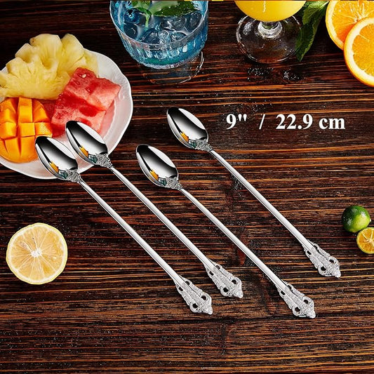 KEAWELL Luxurious 9 Inch Long Iced Tea Spoon Set - 4 Pieces - Gorgeous Design with Exceptional Mirror Polished Finish - 18/10 Stainless Steel- Perfect for Tall Glasses, Cocktails (Silver)