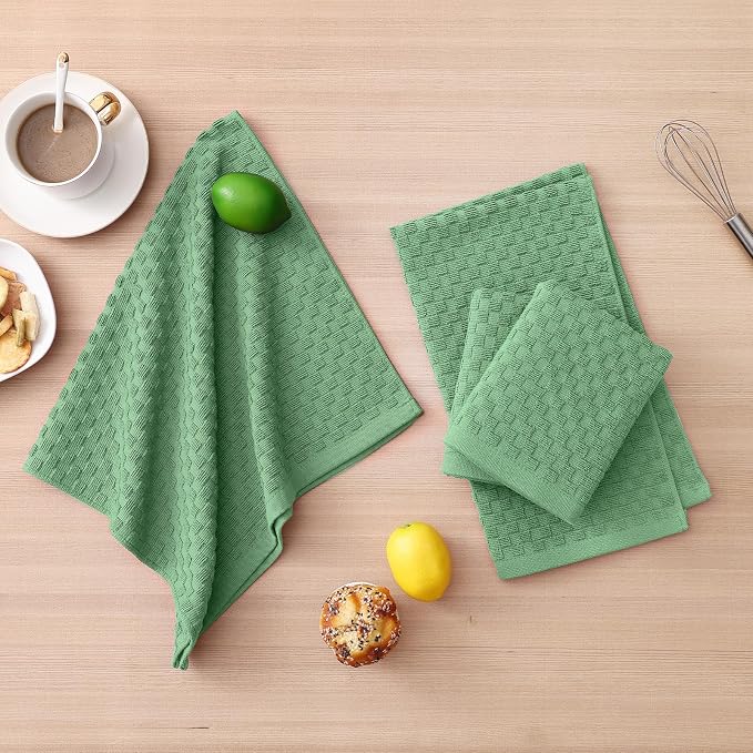 Homaxy 100% Cotton Kitchen Towels and Dishcloths Set, 12 x 12 & 15 x 25 Inches, Set of 16 Bulk Terry Cloth Dish Towels, Super Soft and Absorbent Hand Towel with Hanging Loop, Grass Green
