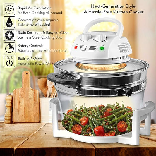 NutriChef Air Fryer, Infrared Convection Oven, Halogen Oven Countertop, Healthy Cooking, Stainless Steel, 13 Quart 1200W, Prepare Quick Healthy Meals, Great for French Fries & Chips (White)
