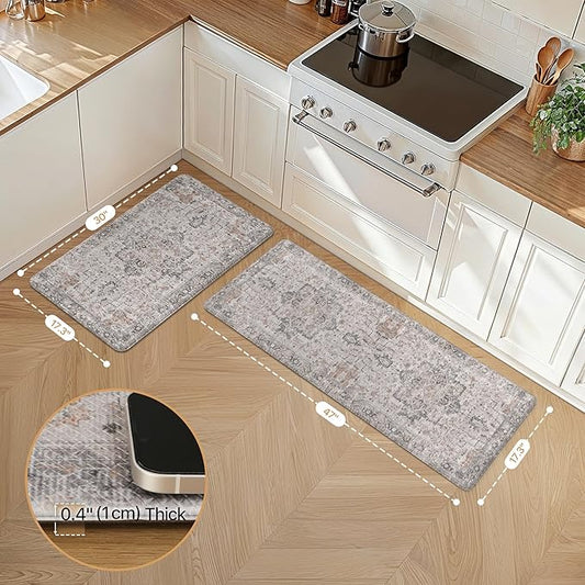 GENIMO Kitchen Mats for Floor 2PCs, Washable Anti Fatigue Mat for Cushioned, 17.3"x47"+17.3"x30", Waterproof Kitchen Rugs, Non Slip Comfort Standing Mat Rug for Home, Sink, Laundry, Soft Rose Taupe