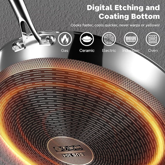 Wok Pan, 13-Inch Stainless Steel Woks & Stir-Fry Pans Nonstick, Wok Pan with Lid for Induction, Hybrid,Electric, Gas, Halogen, All Stoves, Professional PFOA Free Cookware, Dishwasher & Fast Heat