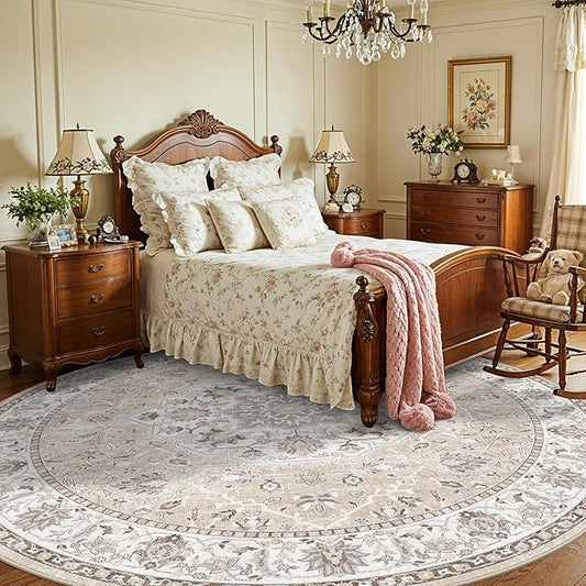 Washable 6ft Circle Round Rug: 6x6 Low-Pile Circular Rug for Living Room Bedroom Cute Office Nursery Area Rug with TPR Rubber Backing Soft Stain-Resistant Carpet Bathroom Entryway Dorm(6Round,Beige)