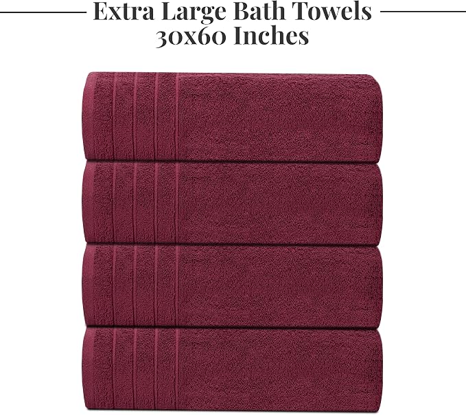 Tens Towels Pack of 4 Extra Large Bath Towels 30 x 60 Inches, 100% Cotton, Larger & Lighter Weight, Quicker to Dry, Super Soft and Absorbent, Perfect for Bathroom, Burgundy