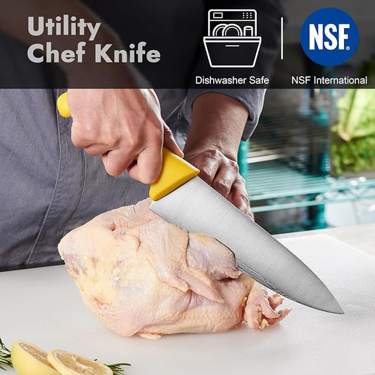 CURTA 8-inch Commercial-Grade Chef's Knife, NSF Listed, Ergonomic, Non-slip Yellow Handle, High Carbon 420 Stainless Steel Forged Blade Straight Edge, Dishwasher Safe, Rust Proof