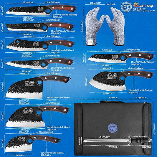 XYJ Professional Serbian Chef Knife Set with Roll Bag, Japanese Culinary Knives, Meat Cleaver, Kitchen Chopping Knife, and Protective Sleeves, Perfect for Home Cooking or Outdoor Camping (13)