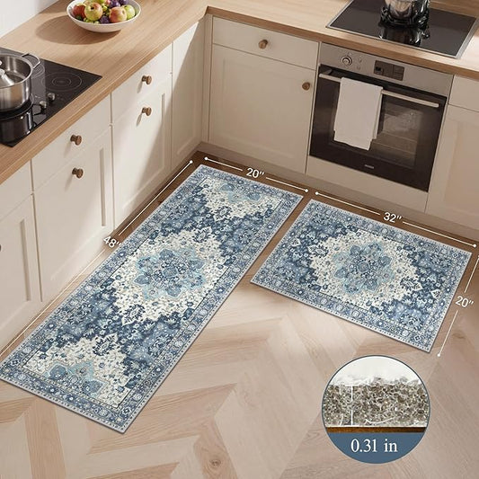 GENIMO Kitchen Rugs Non Slip Washable, 2PCS Kitchen Mats for Floor, Cushioned Standing Mat, Kitchen Runner Rug Floor Mat for Hallway, Laundry, Sink, Entryway, Home, 20"x32"+20"x48", Navy Blue