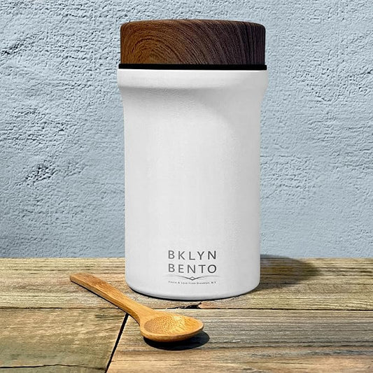 Insulated Food Jar with Bamboo Spoon: Wide Mouth 18/8 Stainless Steel Lunch Container for Hot Soup & Food, Leakproof Vacuum Metal Flask (20oz, Snow Crystal / White)