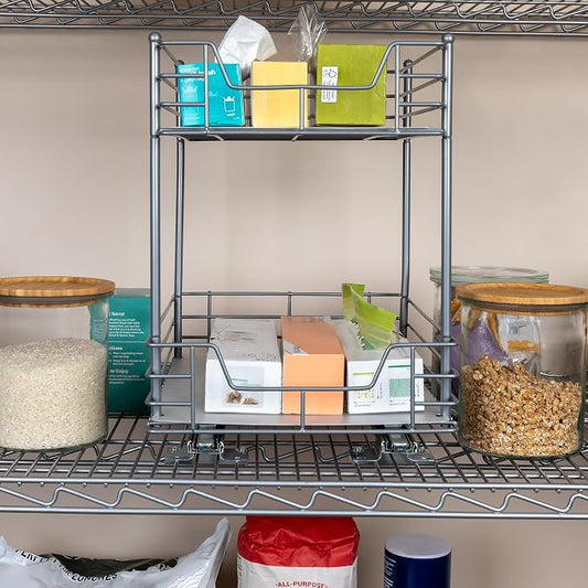 Household Essentials Brushed Steel Two-Tier Pull-Out Pantry Organizer