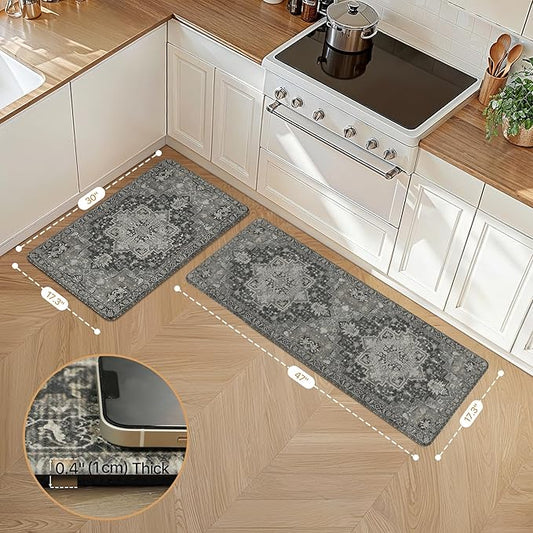 GENIMO Kitchen Mats for Floor 2PCs, Washable Anti Fatigue Mat for Cushioned, 17.3"x47"+17.3"x30", Waterproof Kitchen Rugs, Non Slip Comfort Standing Mat Rug for Home, Sink, Laundry, Dark Gray