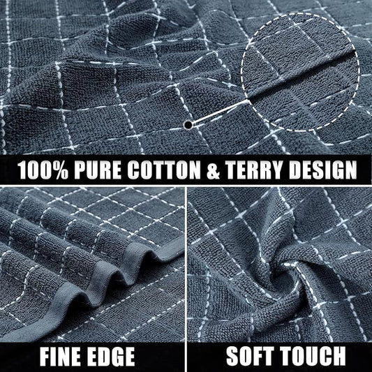 Mordimy 100% Cotton Terry Cloth Kitchen Towels, Super Soft and Absorbent Dish Towels for Drying, Checkered Designed Hand Towels for Kitchen, 13 x 28 Inches, 4 Pack, Grey