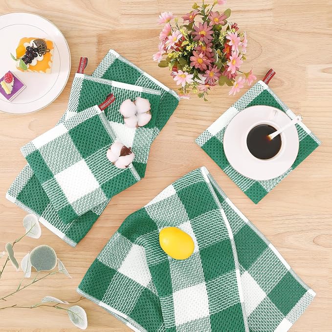 Homaxy Kitchen Towels and Dishcloths Set, 12 x 12 and 13 x 28 Inches, Set of 8 Bulk Cotton Waffle Weave Check Plaid Kitchen Towels, Super Soft and Absorbent Dish Towel, White & Dark Green