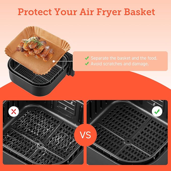Cosori Air Fryer Liners, 100 PCS Square Disposable Paper Liners, Non-Stick Silicone Oil Coating, Little to No Cleaning, 6.5" Unbleached Food Grade, Resistant to 465°F, Thickened Not Easy to Break