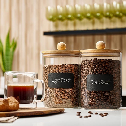 Le'raze 1 Gallon Glass Canister Set for Kitchen Counter with Airtight Bamboo Lids + Marker & Labels - of 2 Large Cookie Jars Wooden Lid, Food Storage Containers Pantry, Flour, Sugar, Pasta, Candy,