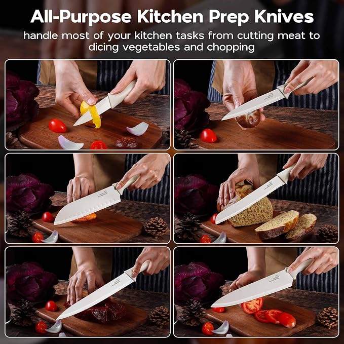 Onader 12 Pieces Knife Set with Covers, Stainless Steel Small Kitchen Knives Set, Cream White