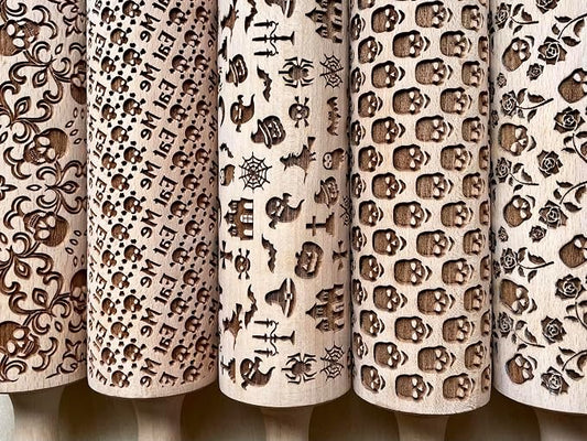HALLOWEEN 3 Mini Embossed Rolling Pin Set. Wooden Laser Engraved Textured rolling pins for Cookies, Modeline, Ceramic with Skulls, Bats, Halloween by Algis Crafts