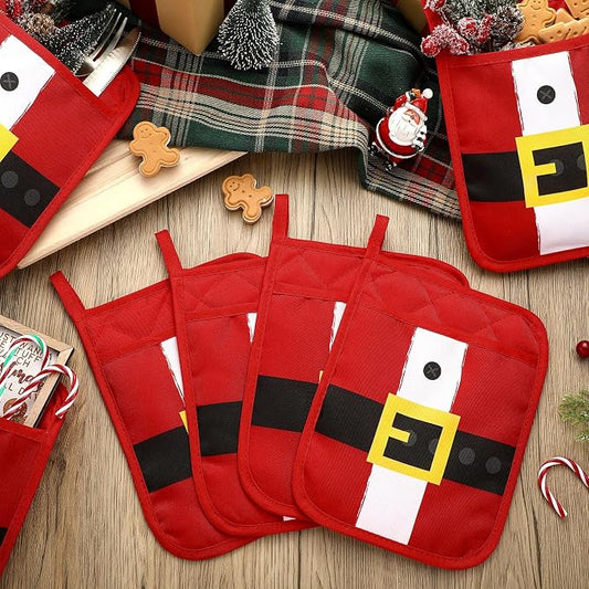 Roshtia 12 Pcs Christmas Pot Holders with Pocket Xmas Santa Pot Holders for Kitchen Winter Hot Pads Oven Mitts Cookie Bag Cute Heat Resistant Oven Gloves for Kitchen Gift Baking Cooking