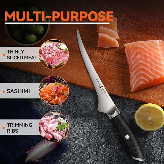TUO Fillet Knife, 7 Inch Professional Fish Boning Knife for Trimming Meat & Poultry, Flexible Blade, High Carbon German Steel, Riveted Handle - Falcon Series