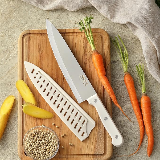 8 inch Chef Knife, Stainless Steel Kitchen Knife with Protective Knife Sheath, Ultra Sharp Slicing Knife with Ergonomic Handle, German Stainless Steel, Dishwasher Safe (White Color)