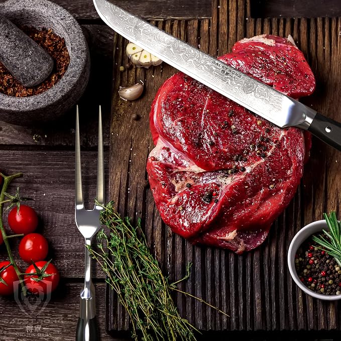 Dalstrong Slicing Brisket Knife Set Meat Fork - Carving Set - AUS-10V Japanese Steel - Premium G10 Handle - Sheath - Shogun Series Butcher Knife - Carving Knife - Slicer Boning Knife for Meat Cutting