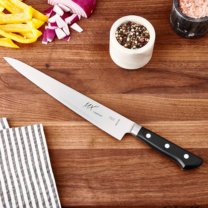 Mercer Culinary MX3 Premium San Mai VG-10 Steel Core Blade Sujihiki Knife, 240mm 9.5 Inch,Black