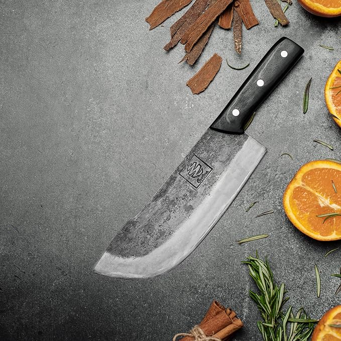 COOLINA Daozi 8" Butcher Knife, Hand-Forged High-Carbon Steel Cleaver for Heavy-Duty Meat Cutting, Slicing, Chopping, Brisket & BBQ, Full-Tang Forged Blade with Ergonomic Wood Handle
