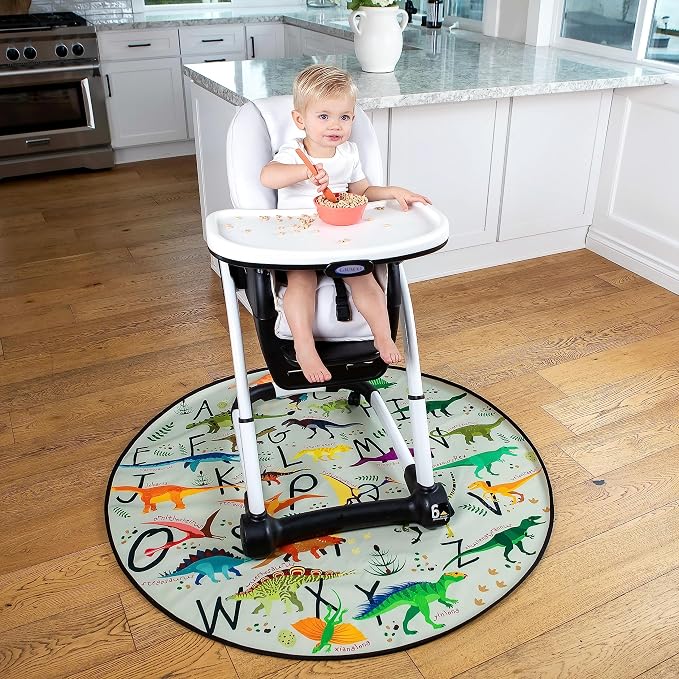 Splat Mat for Baby – Under High Chair Floor Mat Protects Wood, Vinyl and Carpet from Spills – Waterproof 4 Layer Baby Mat Bundle with Waterproof Matching Smock (51” x 51”)