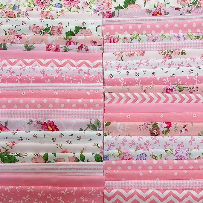 7PCS 25x 25 cm Quilting Fat Quarters Fabric Bundles, for Sewing Crafting,Print Floral Striped Polka Dot 100% Cotton Gingham Fabric (42pcs Pink, 9.8" x 9.8"(25 * 25CM))