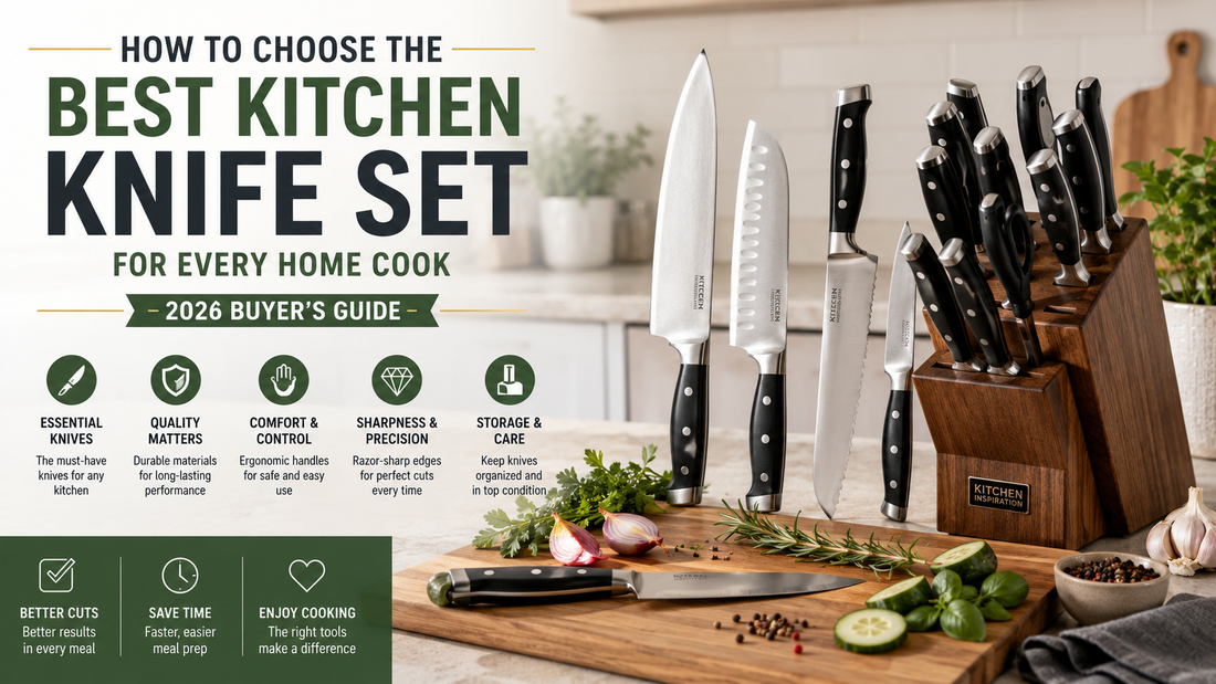 Best kitchen knife set with chef knife, utility knife, bread knife and cutting board in a modern kitchen