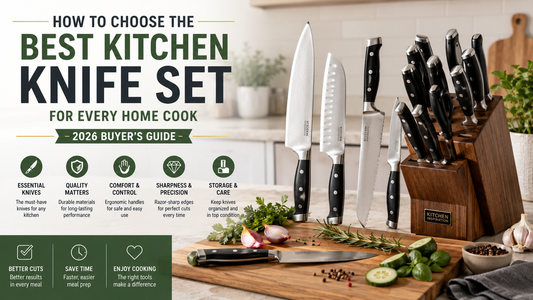 Best kitchen knife set with chef knife, utility knife, bread knife and cutting board in a modern kitchen