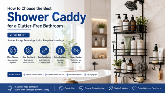 Modern shower caddy and shower organizer storing shampoo, soap, and bathroom essentials in a clean organized shower