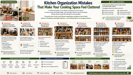 Organized kitchen with efficient storage solutions, clear countertops, labeled pantry containers, and clutter-free cooking space