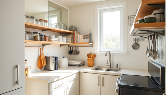 Smart kitchen organization ideas with pantry storage, drawer organizers, shelf risers, and space-saving solutions for small kitchens
