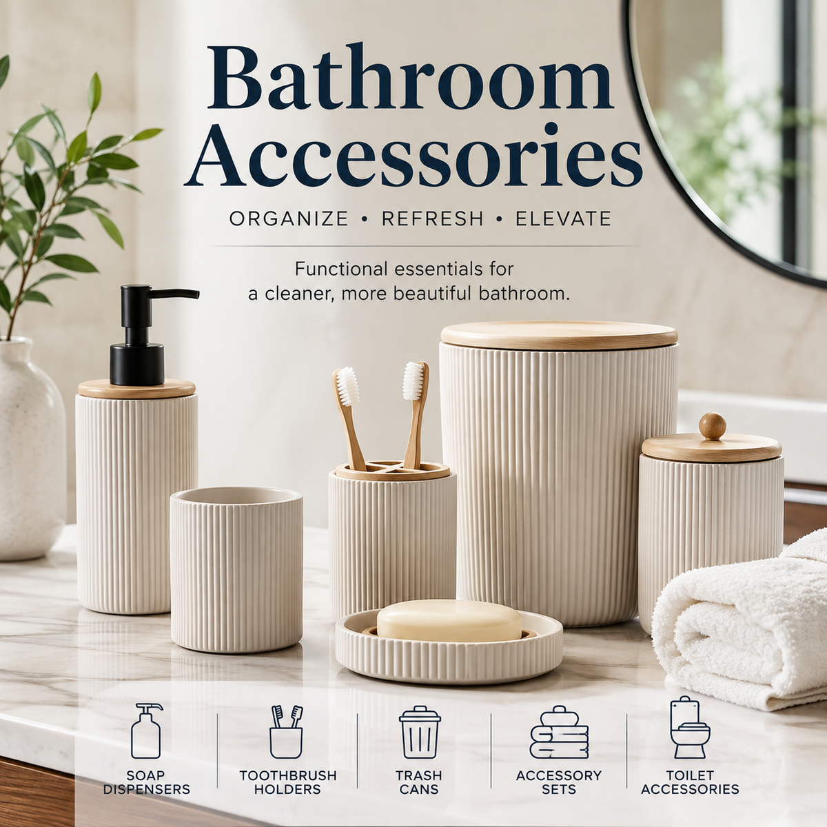 Bathroom accessories with soap dispensers, toothbrush holders and modern bathroom essentials