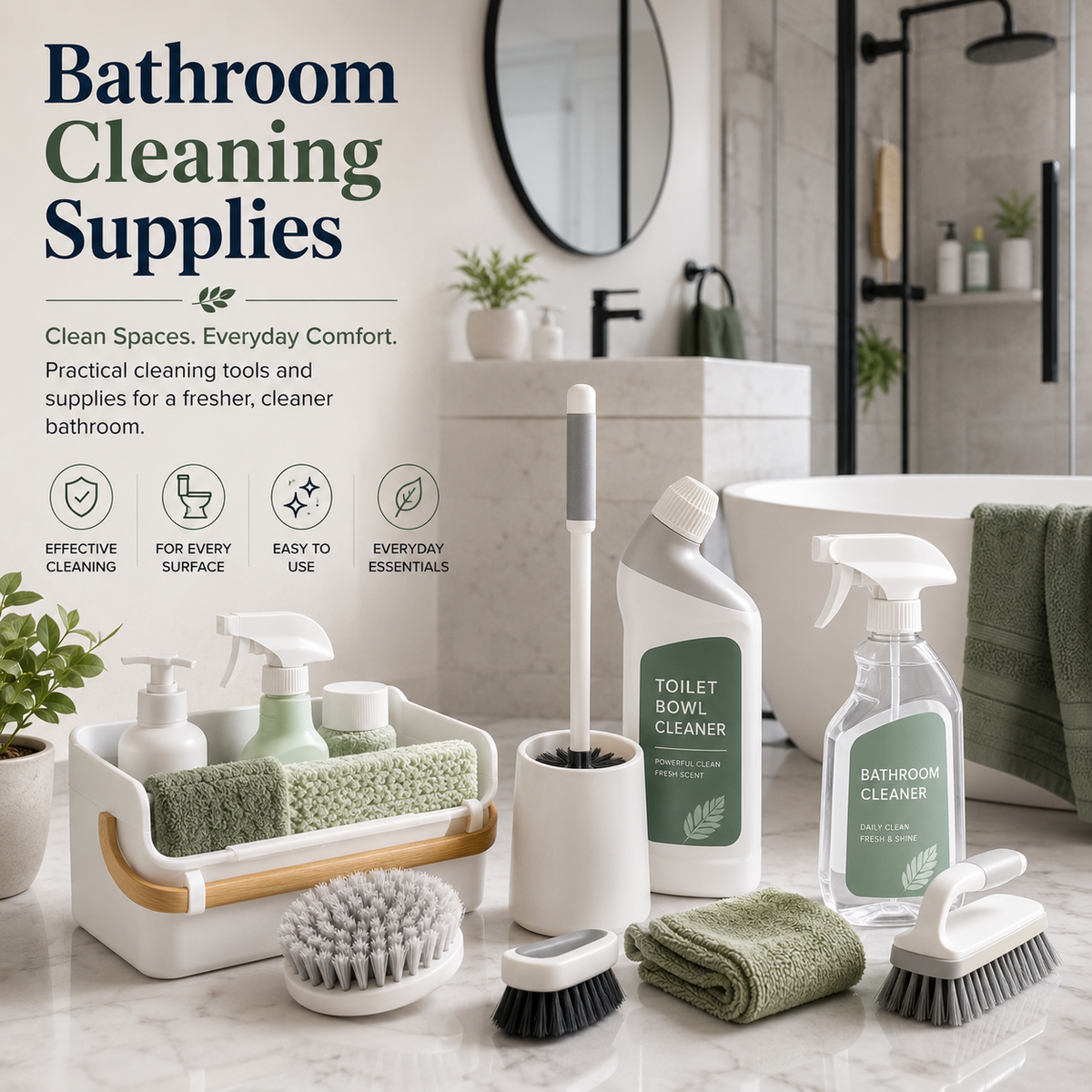 Bathroom cleaning supplies with scrub brushes, toilet cleaning tools and shower cleaning accessories in a clean modern bathroom