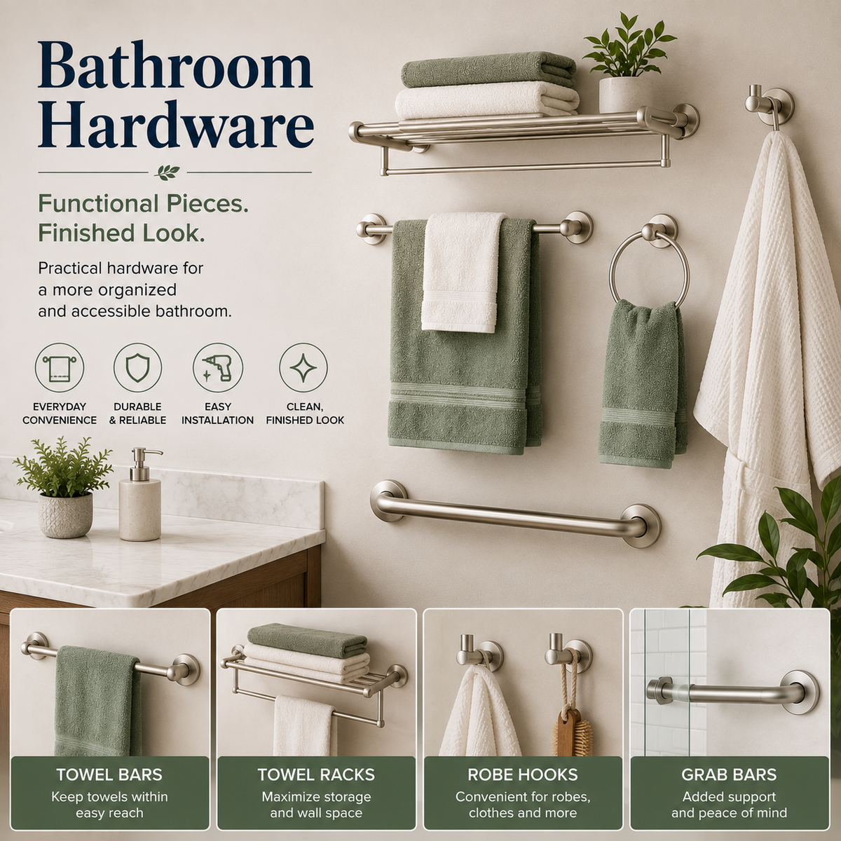 Bathroom hardware including towel bars, towel racks, robe hooks and grab bars in a modern bathroom