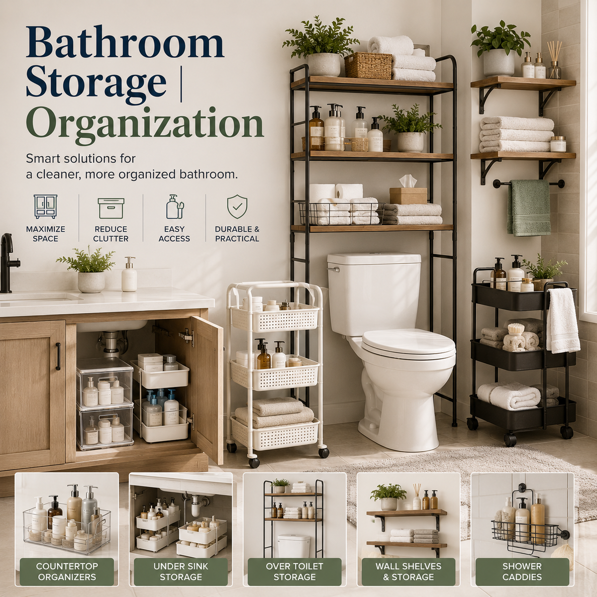 Bathroom storage and organization with shelves, under sink organizers, over toilet storage and shower caddies