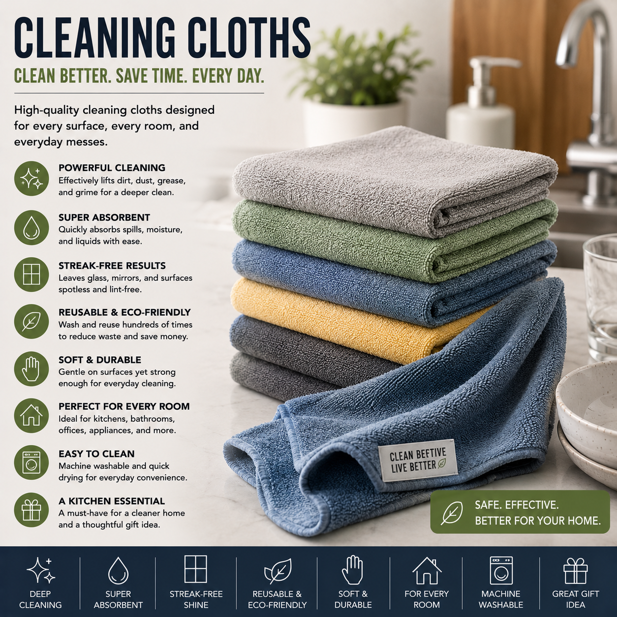 Cleaning Cloths for Kitchen Cleaning, Microfiber Cleaning Towels, Reusable Cleaning Cloths, Dusting Towels, Polishing Cloths, Absorbent Household Cleaning Products and Everyday Cleaning Essentials