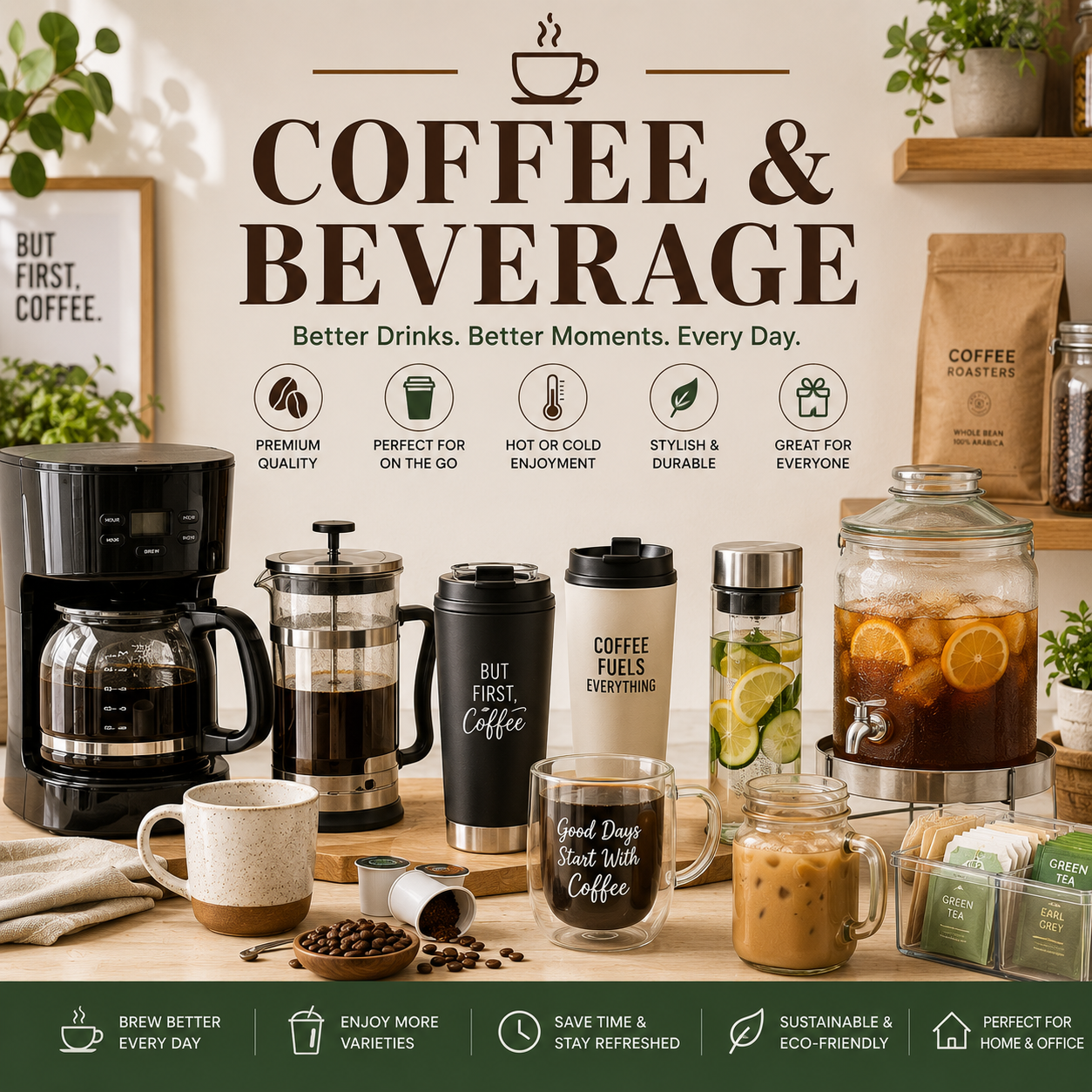 Coffee And Beverage Essentials Collection Featuring Coffee Makers, Travel Mugs, Drinkware, Brewing Accessories, Tea Essentials, Beverage Dispensers, And Home Coffee Bar Products